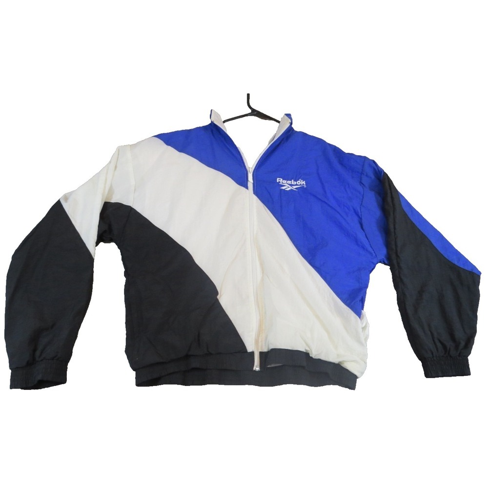 Reebok Jacket Men Large Blue White Colorblock VTG 90s Nylon Windbreaker Coat